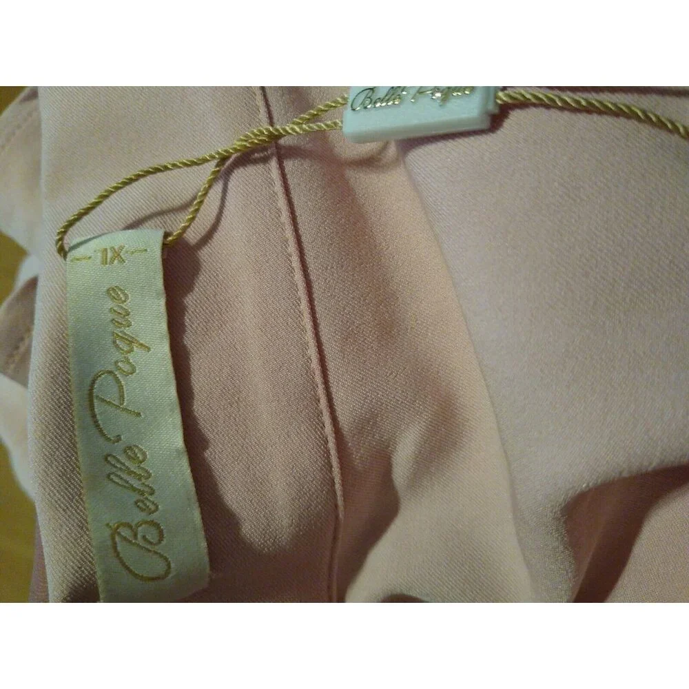 Belle Poque Women XL Pink Vtg Inspired Tie Neck Blouse Short Sleeve Cropped Top - Picture 7 of 8